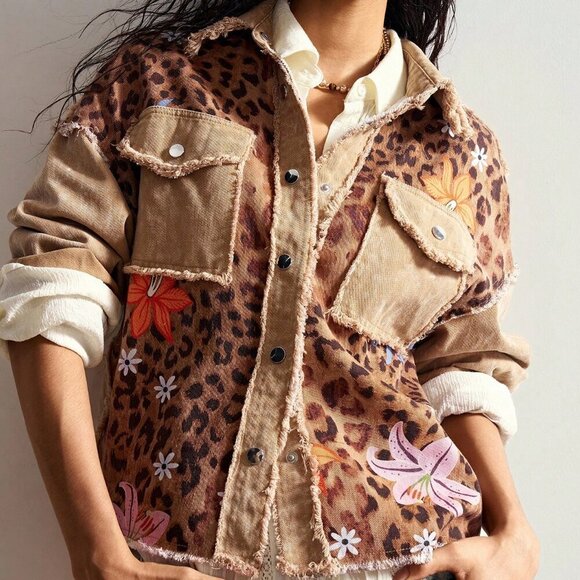 Brown Casual Women's Boho Leopard floral Print Jacket - Picture 2 of 7